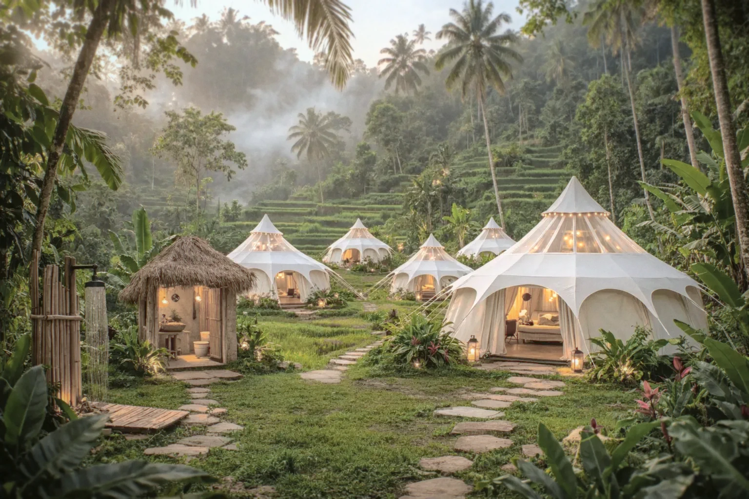 Luxury glamping tents in Ubud jungle with rice terraces
