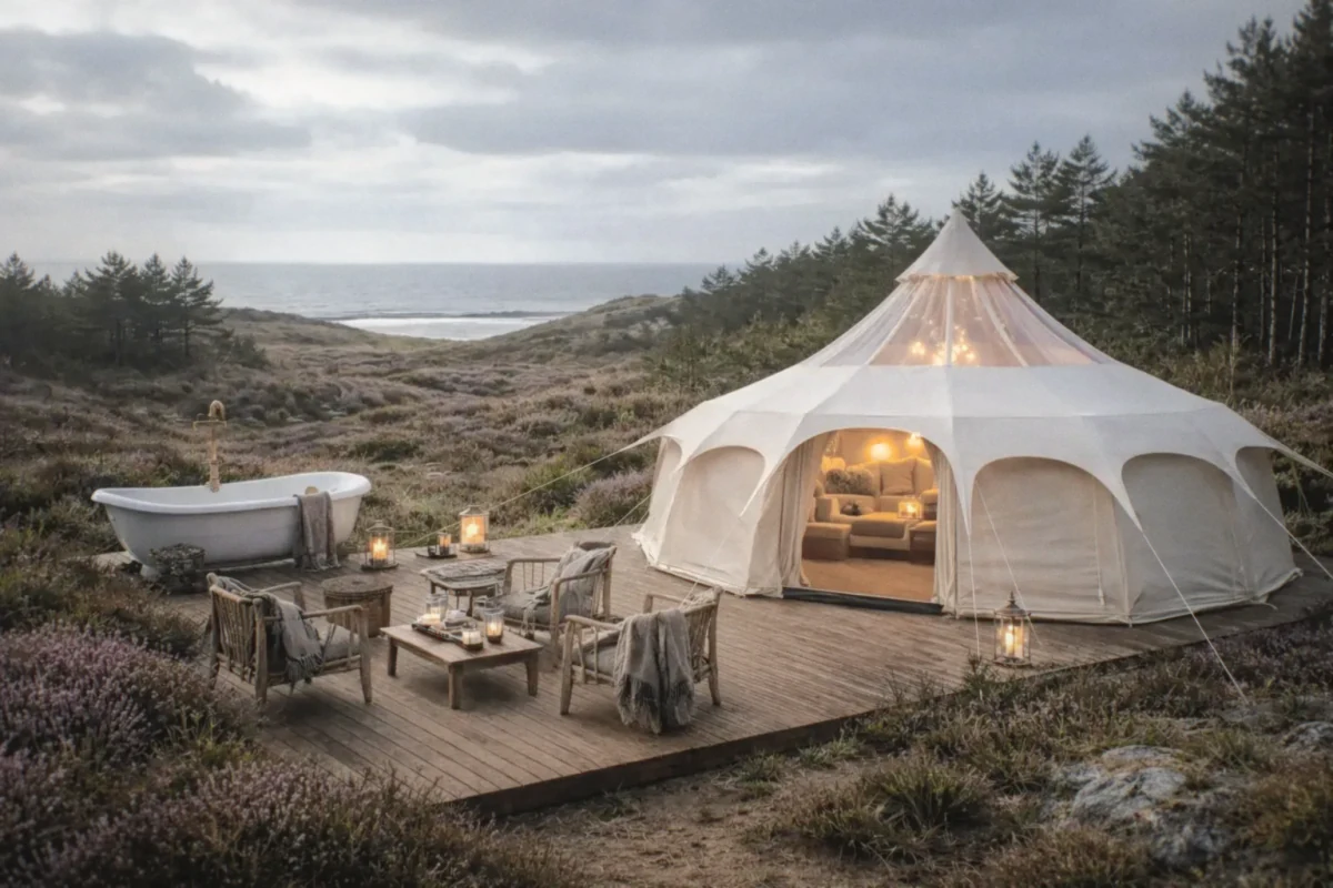 Luxury glamping tent on Danish coastal heathland