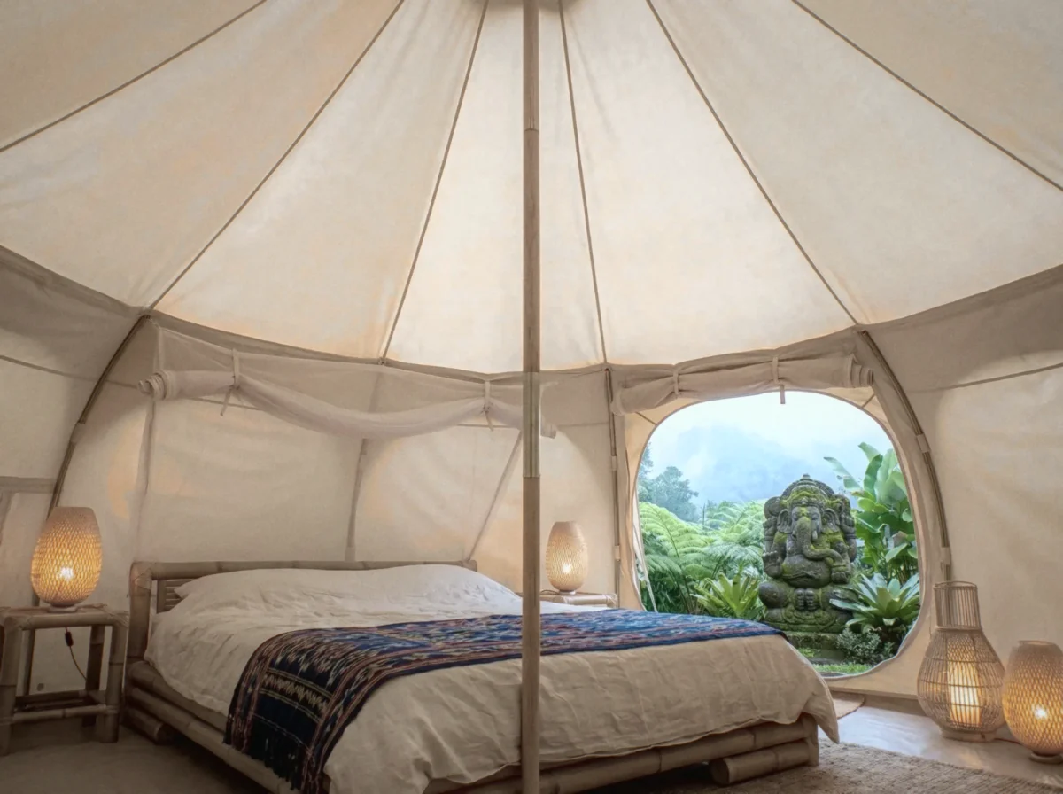 Luxury tent bedroom interior with Balinese decor
