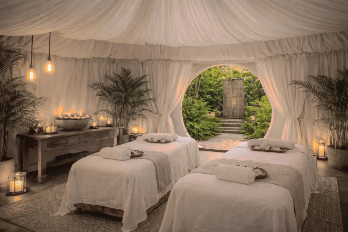 Luxury tent spa interior in Ubud jungle setting