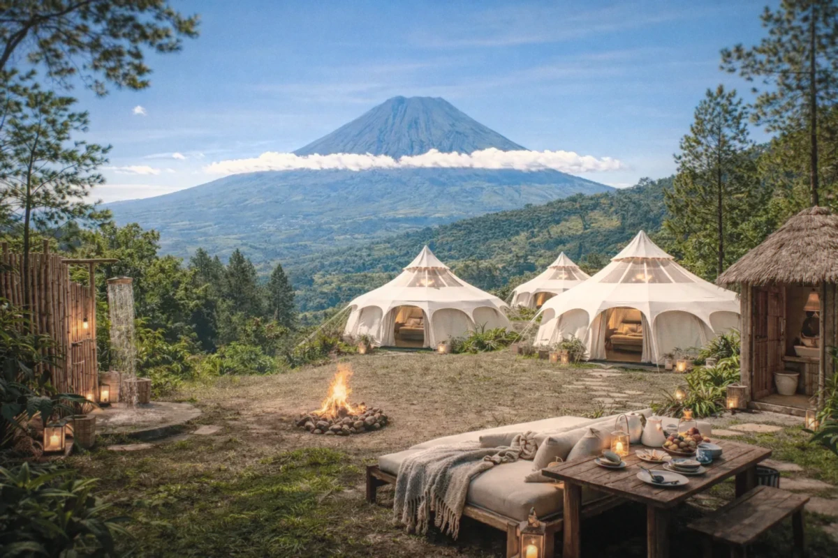 Luxury glamping tents with Mount Agung backdrop
