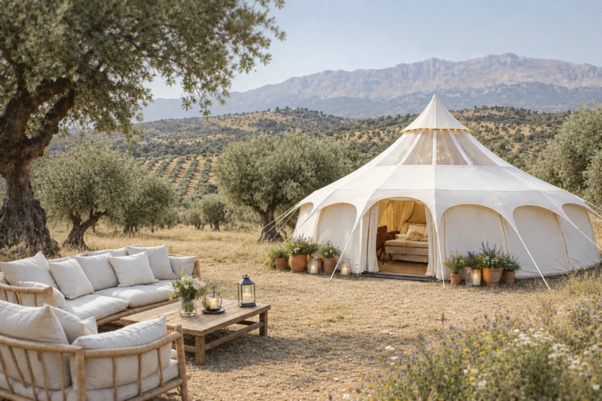 Luxury glamping tent in Spanish olive grove at sunset