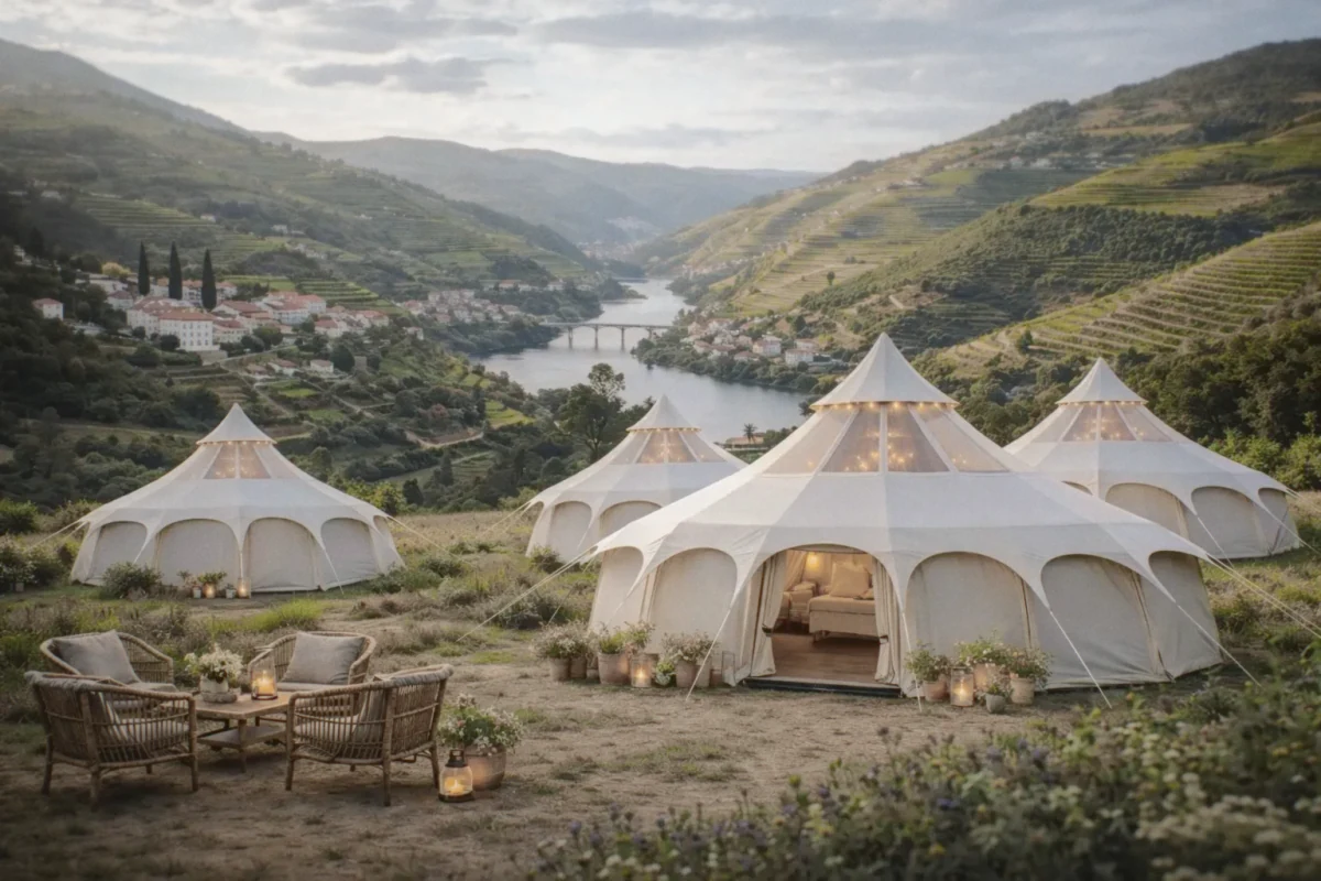 Luxury glamping tents overlooking Douro Valley Portugal