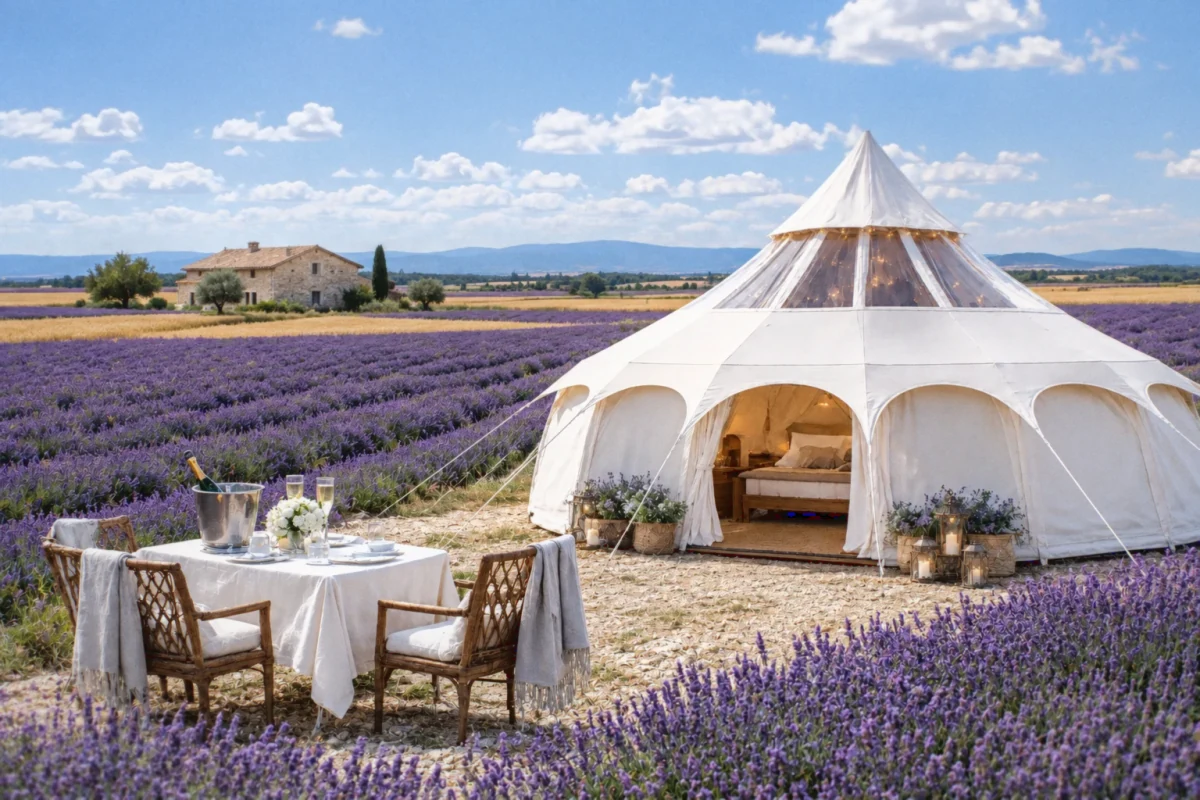Luxury glamping tent in Provence lavender fields at sunset