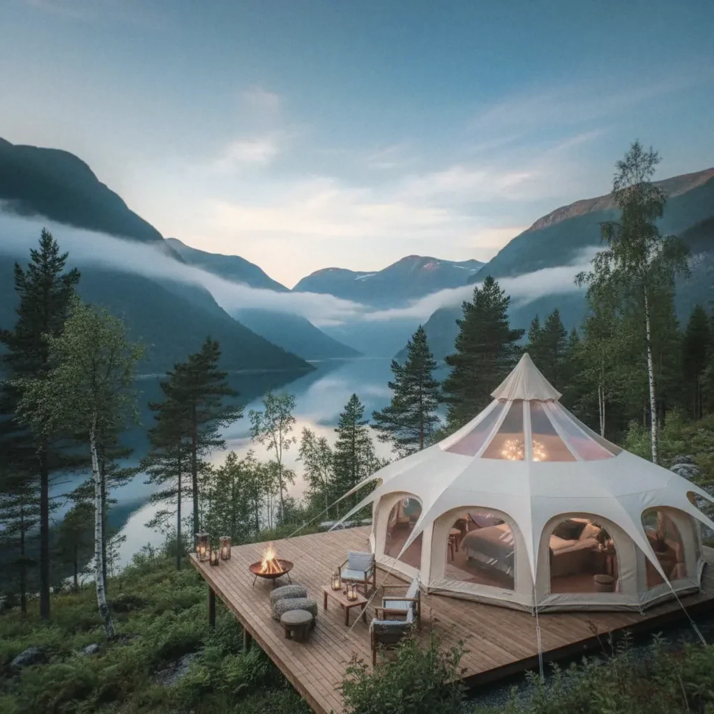 Luxury glamping tent overlooking Norwegian fjord