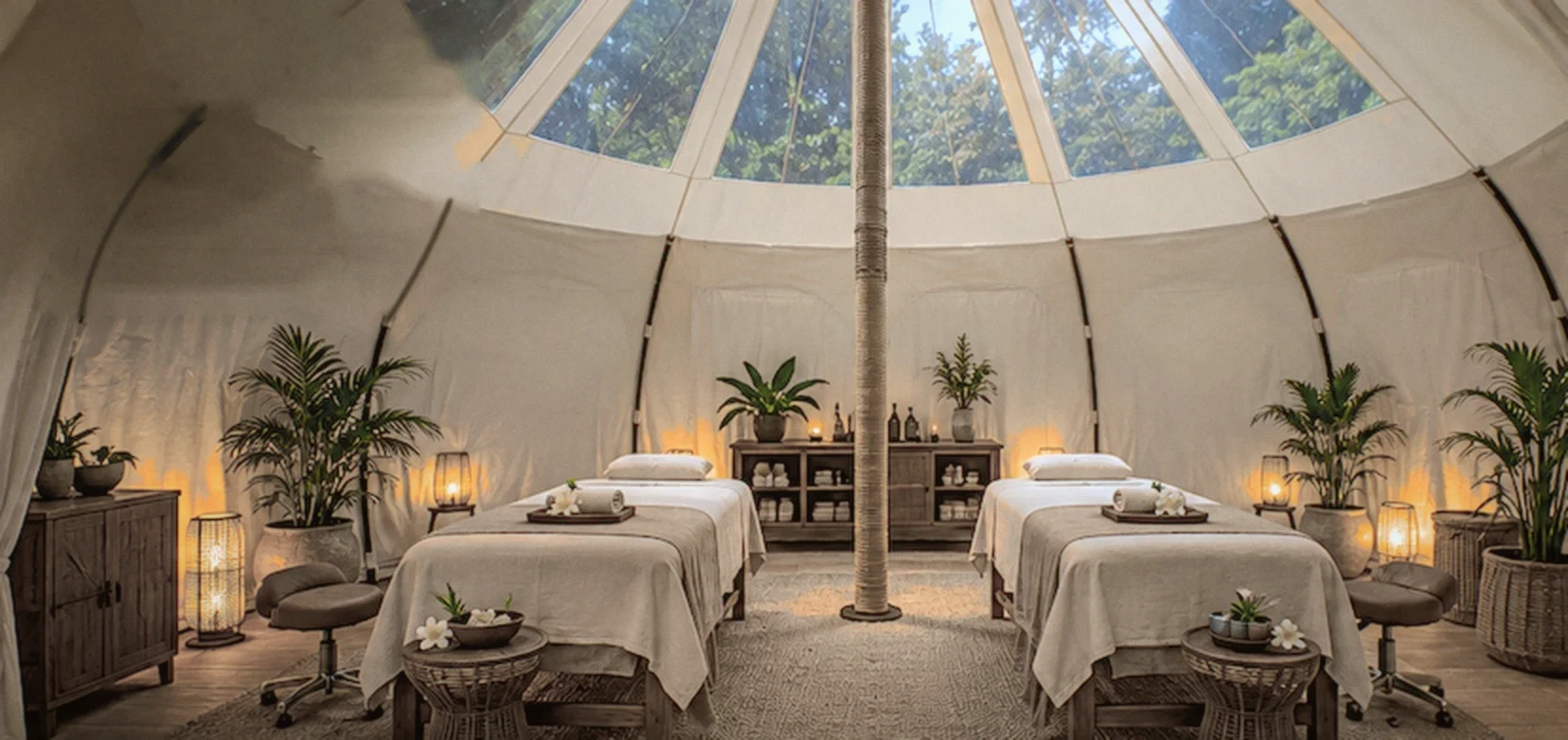 Spa interior with two treatment beds inside a Casayel dome tent