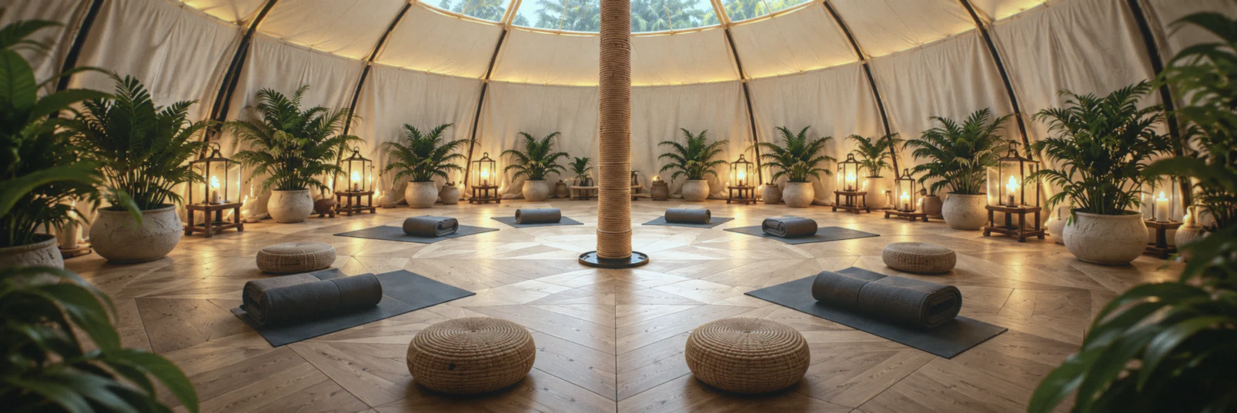 Yoga setup inside a Casayel dome tent: mats, round cushions and lanterns arranged around the central pole on a herringbone wood floor
